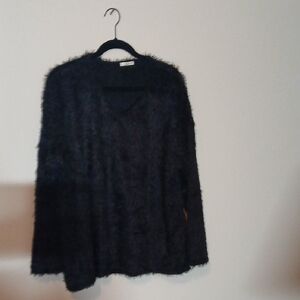 Elegant Black Fuzzy V-Neck Sweater